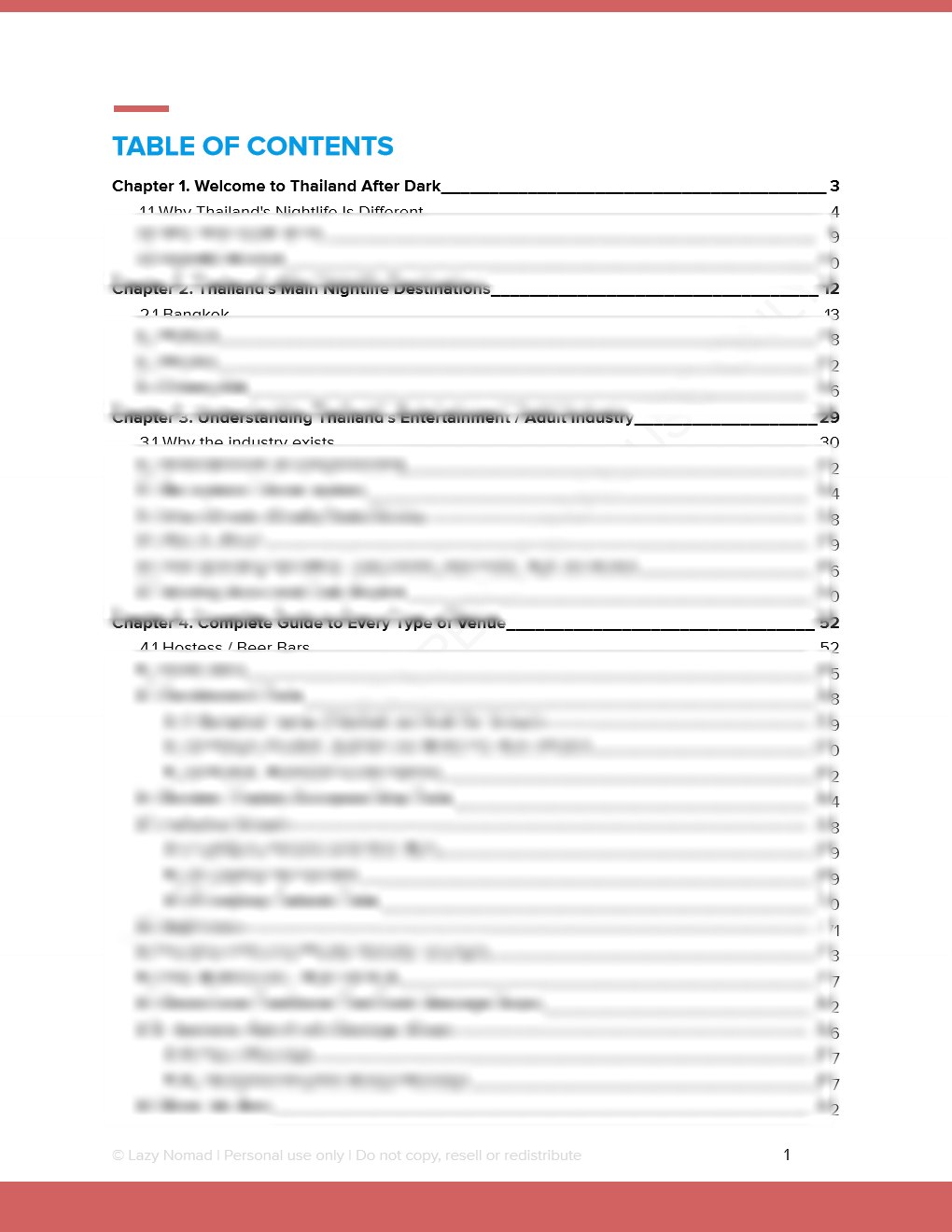 Sample page preview: Phuket Nightlife Table of Contents