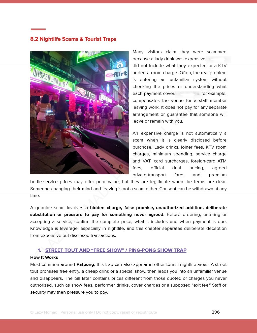 Sample page preview showing Chapter 8 nightlife scams and tourist traps breakdown